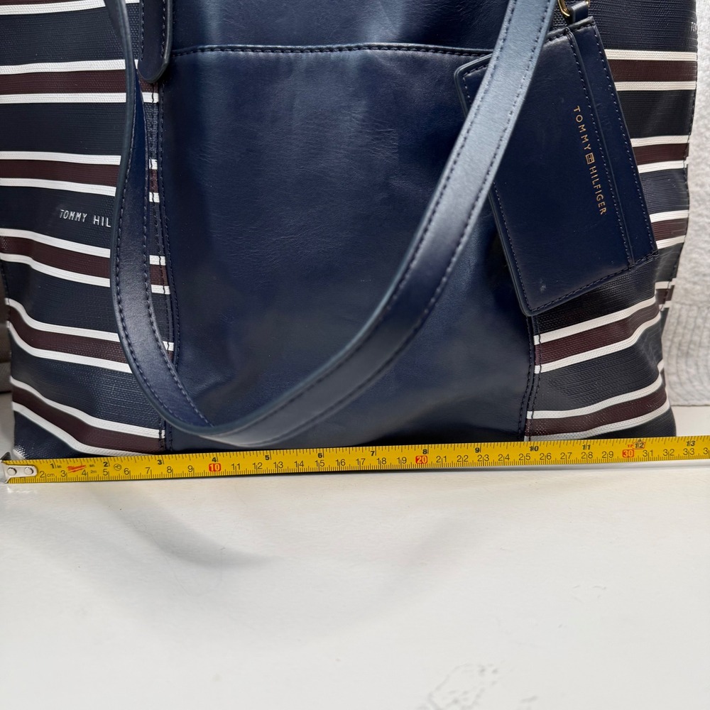 Tommy Hilfiger Navy Blue Red White Striped 13" Tote Bag Card Holder Pockets - Picture 3 of 16